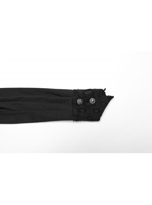 Symmetrical Black Micro Elastic Twill Hollow Hole Punk Style Decadent Long Sleeved Shirt