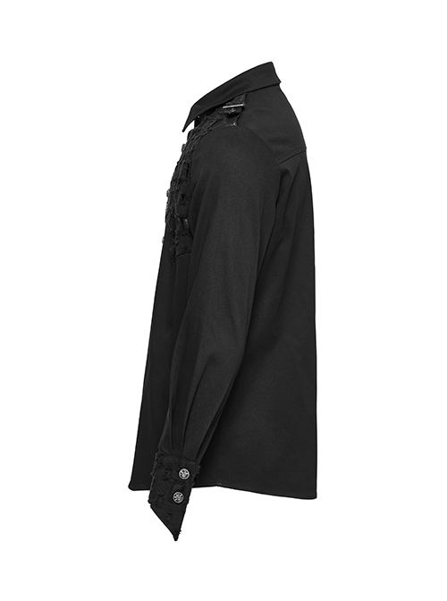 Symmetrical Black Micro Elastic Twill Hollow Hole Punk Style Decadent Long Sleeved Shirt