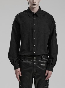 Black Non Stretch Embroidered Woven Patch Pockets Shoulder Straps Gothic Handsome Shirt