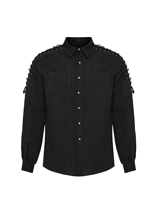 Black Non Stretch Embroidered Woven Patch Pockets Shoulder Straps Gothic Handsome Shirt