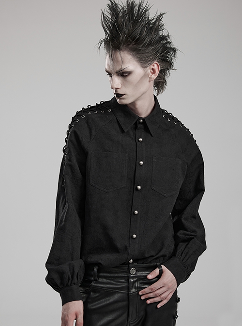 Black Non Stretch Embroidered Woven Patch Pockets Shoulder Straps Gothic Handsome Shirt