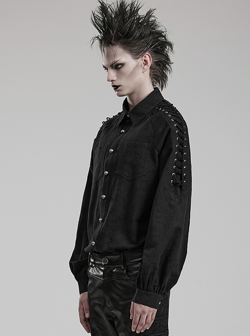 Black Non Stretch Embroidered Woven Patch Pockets Shoulder Straps Gothic Handsome Shirt