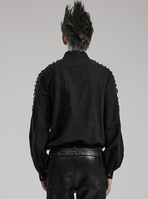 Black Non Stretch Embroidered Woven Patch Pockets Shoulder Straps Gothic Handsome Shirt
