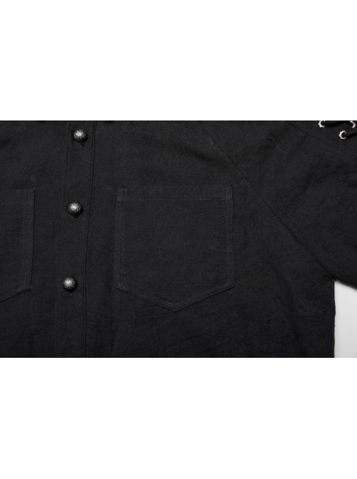 Black Non Stretch Embroidered Woven Patch Pockets Shoulder Straps Gothic Handsome Shirt