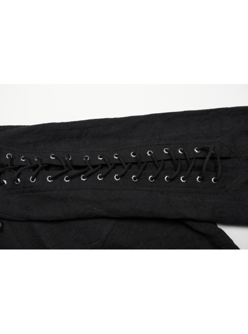 Black Non Stretch Embroidered Woven Patch Pockets Shoulder Straps Gothic Handsome Shirt