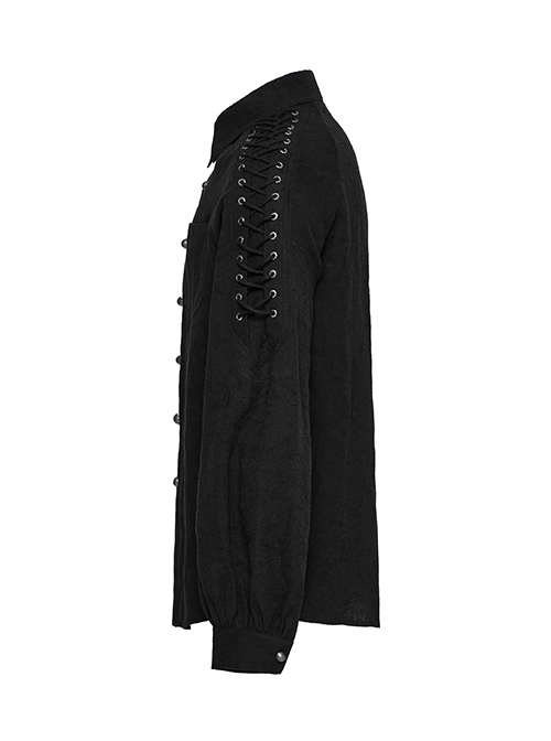 Black Non Stretch Embroidered Woven Patch Pockets Shoulder Straps Gothic Handsome Shirt