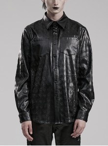 Personalized Black Skull Pattern Embossed Simple Four-Button Gothic Style Embossed PU Leather Shirt