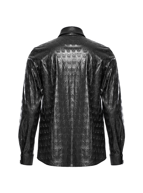 Personalized Black Skull Pattern Embossed Simple Four-Button Gothic Style Embossed PU Leather Shirt
