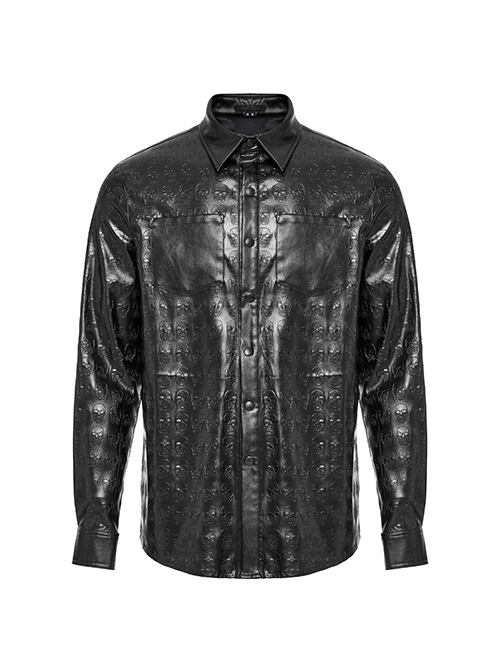 Personalized Black Skull Pattern Embossed Simple Four-Button Gothic Style Embossed PU Leather Shirt