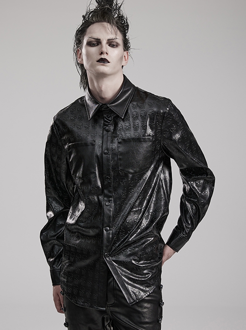 Personalized Black Skull Pattern Embossed Simple Four-Button Gothic Style Embossed PU Leather Shirt