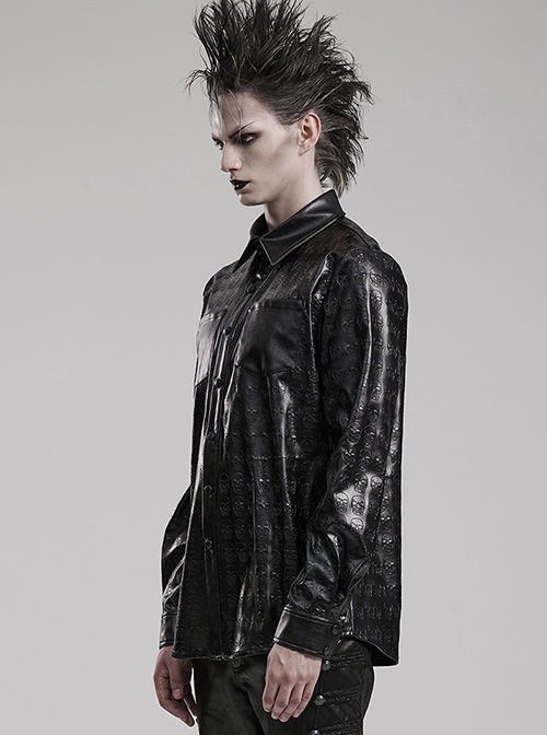 Personalized Black Skull Pattern Embossed Simple Four-Button Gothic Style Embossed PU Leather Shirt