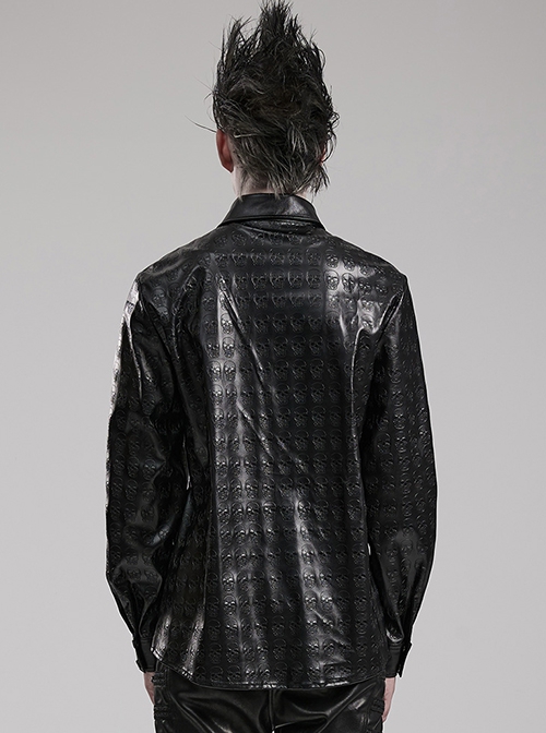 Personalized Black Skull Pattern Embossed Simple Four-Button Gothic Style Embossed PU Leather Shirt