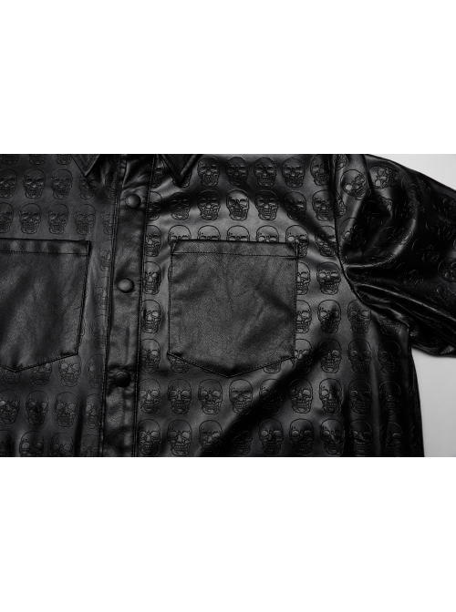 Personalized Black Skull Pattern Embossed Simple Four-Button Gothic Style Embossed PU Leather Shirt