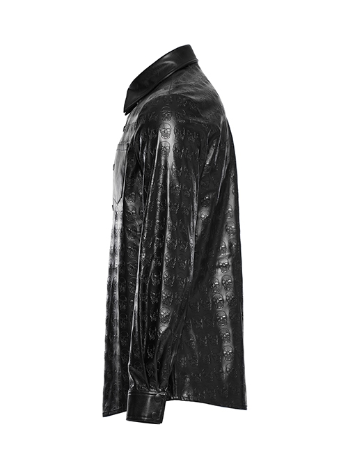 Personalized Black Skull Pattern Embossed Simple Four-Button Gothic Style Embossed PU Leather Shirt