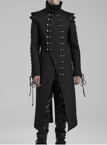 Handsome Black Horizontal Stripes Asymmetrical High Collar Side Eyelet String Decoration Punk Style Cotton Jacket