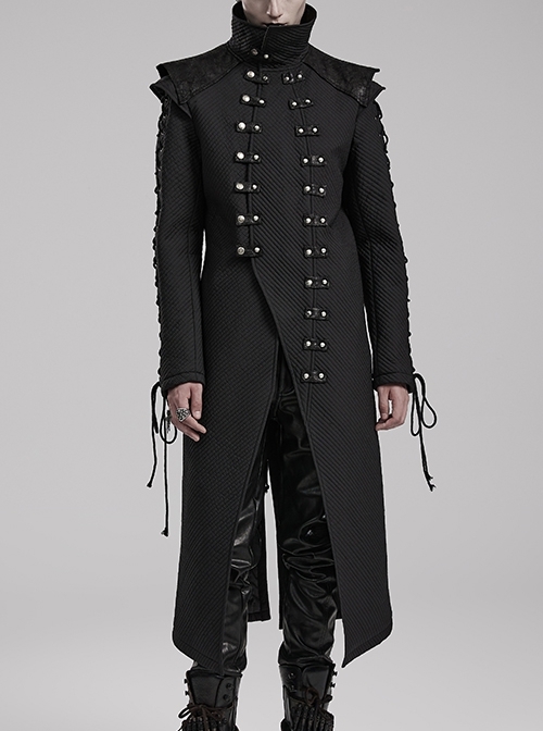 Handsome Black Horizontal Stripes Asymmetrical High Collar Side Eyelet String Decoration Punk Style Cotton Jacket
