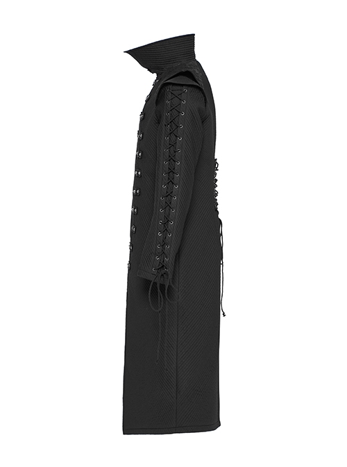 Handsome Black Horizontal Stripes Asymmetrical High Collar Side Eyelet String Decoration Punk Style Cotton Jacket