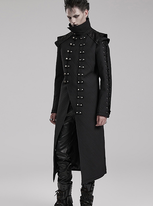 Handsome Black Horizontal Stripes Asymmetrical High Collar Side Eyelet String Decoration Punk Style Cotton Jacket