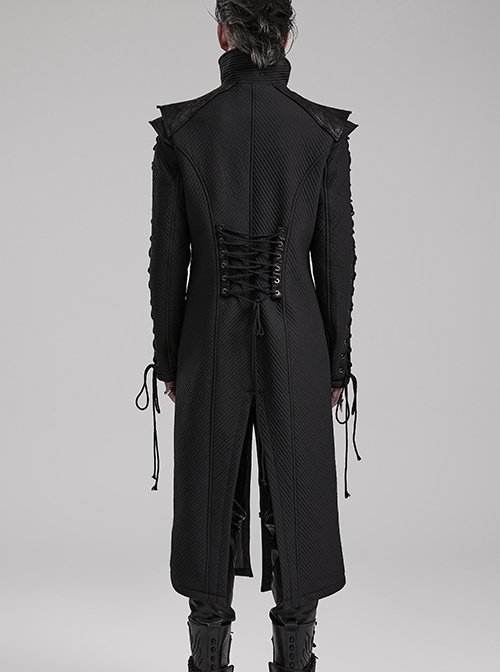 Handsome Black Horizontal Stripes Asymmetrical High Collar Side Eyelet String Decoration Punk Style Cotton Jacket