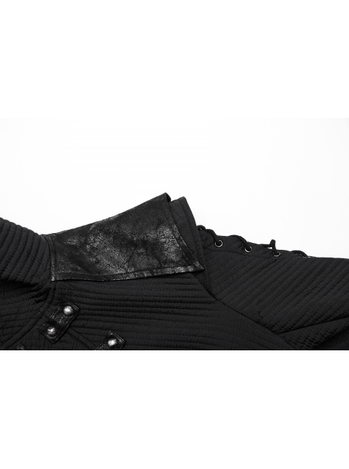 Handsome Black Horizontal Stripes Asymmetrical High Collar Side Eyelet String Decoration Punk Style Cotton Jacket