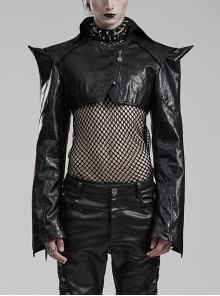 Personalized Exaggerated Black Pu Leather Textured Sharp Cornered Stand Up Collar Punk Style Ultra Short Leather Jacket