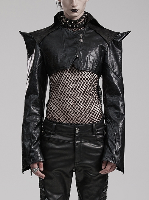 Personalized Exaggerated Black Pu Leather Textured Sharp Cornered Stand Up Collar Punk Style Ultra Short Leather Jacket