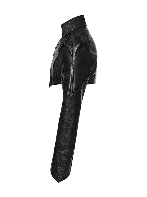Personalized Exaggerated Black Pu Leather Textured Sharp Cornered Stand Up Collar Punk Style Ultra Short Leather Jacket