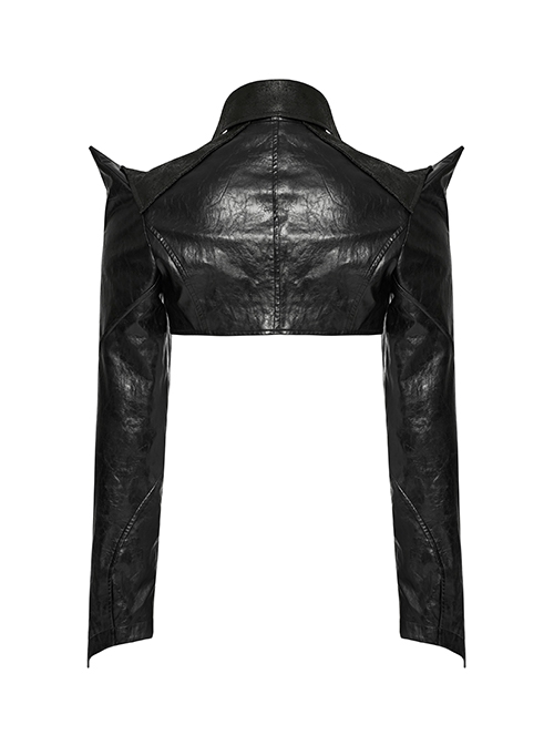 Personalized Exaggerated Black Pu Leather Textured Sharp Cornered Stand Up Collar Punk Style Ultra Short Leather Jacket