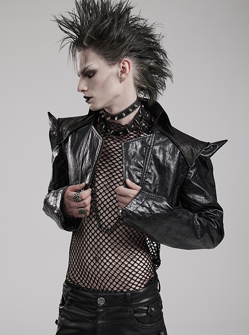 Personalized Exaggerated Black Pu Leather Textured Sharp Cornered Stand Up Collar Punk Style Ultra Short Leather Jacket