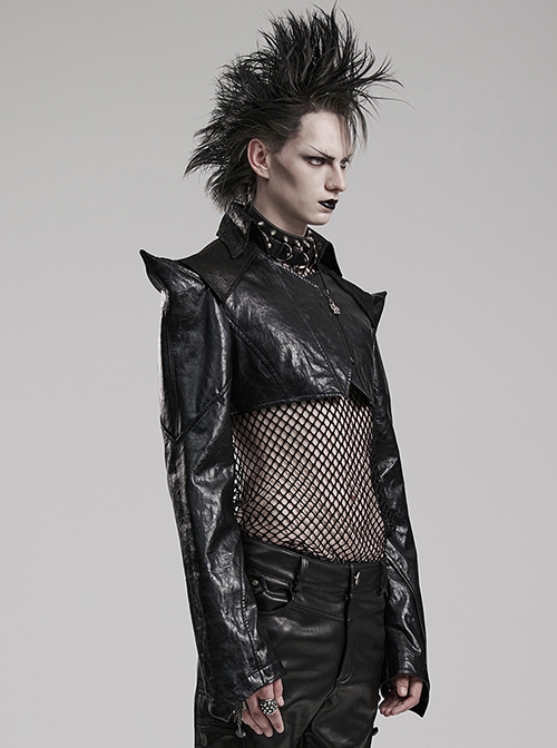 Personalized Exaggerated Black Pu Leather Textured Sharp Cornered Stand Up Collar Punk Style Ultra Short Leather Jacket
