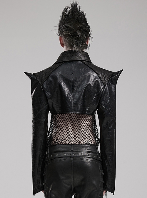 Personalized Exaggerated Black Pu Leather Textured Sharp Cornered Stand Up Collar Punk Style Ultra Short Leather Jacket