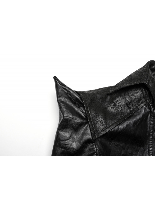 Personalized Exaggerated Black Pu Leather Textured Sharp Cornered Stand Up Collar Punk Style Ultra Short Leather Jacket