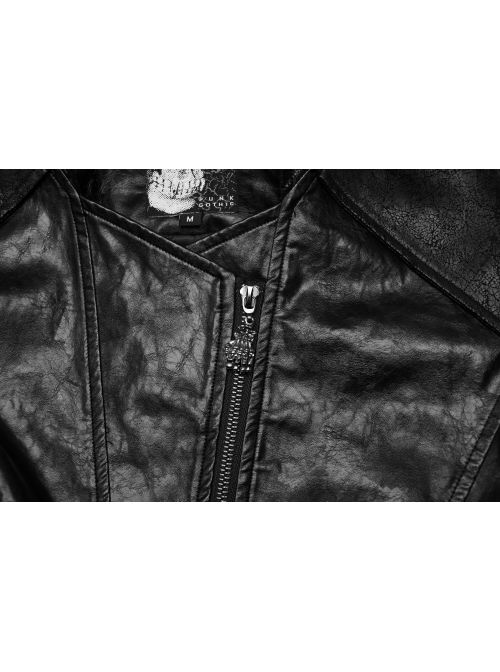 Personalized Exaggerated Black Pu Leather Textured Sharp Cornered Stand Up Collar Punk Style Ultra Short Leather Jacket