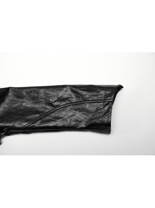 Personalized Exaggerated Black Pu Leather Textured Sharp Cornered Stand Up Collar Punk Style Ultra Short Leather Jacket