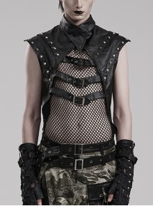 Sexy Black Micro Elastic Rubber Spliced Mesh Wide Shoulder Metal Studs Embellished With Punk Style See Through Vest