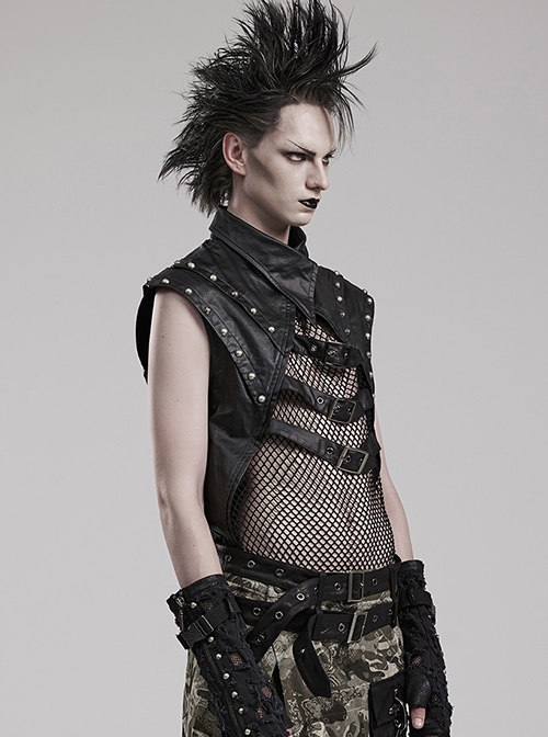 Sexy Black Micro Elastic Rubber Spliced Mesh Wide Shoulder Metal Studs Embellished With Punk Style See Through Vest
