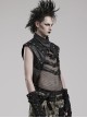 Sexy Black Micro Elastic Rubber Spliced Mesh Wide Shoulder Metal Studs Embellished With Punk Style See Through Vest