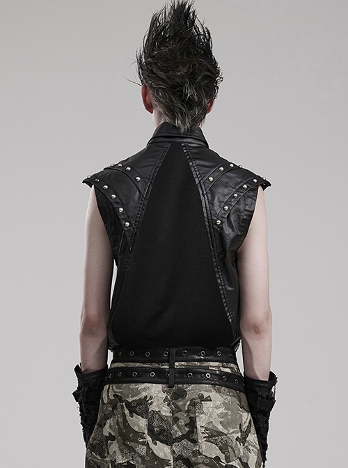 Sexy Black Micro Elastic Rubber Spliced Mesh Wide Shoulder Metal Studs Embellished With Punk Style See Through Vest