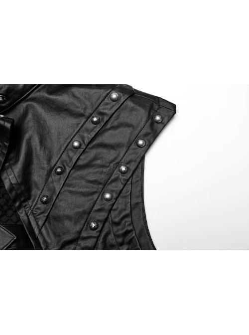 Sexy Black Micro Elastic Rubber Spliced Mesh Wide Shoulder Metal Studs Embellished With Punk Style See Through Vest