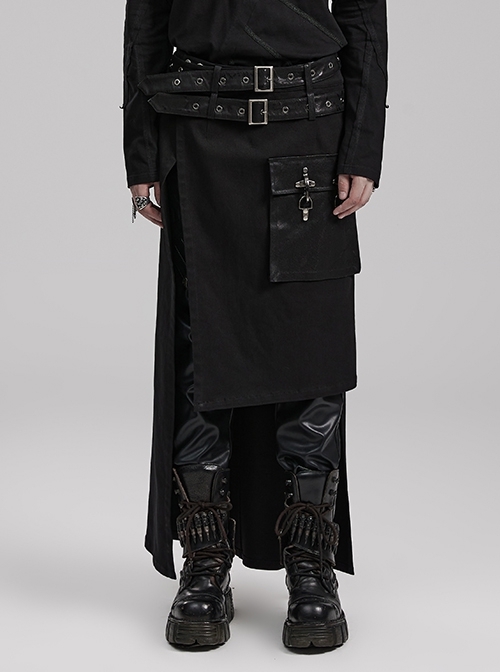 Black Simple Non Elastic Woven Printed Asymmetrical Punk Style Long Skirt With Removable Adjustable Tabs