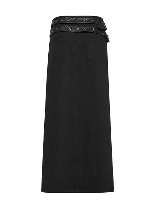 Black Simple Non Elastic Woven Printed Asymmetrical Punk Style Long Skirt With Removable Adjustable Tabs