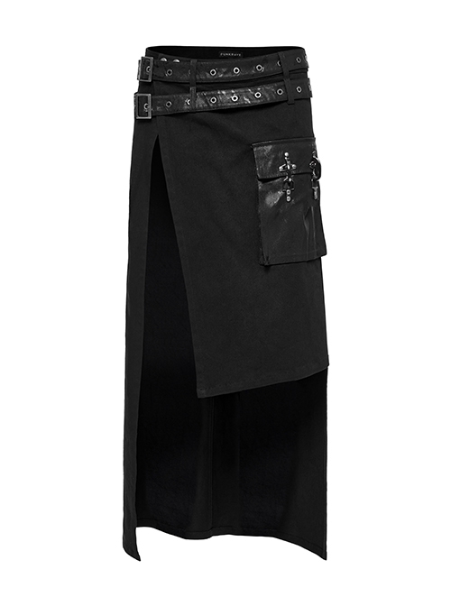 Black Simple Non Elastic Woven Printed Asymmetrical Punk Style Long Skirt With Removable Adjustable Tabs