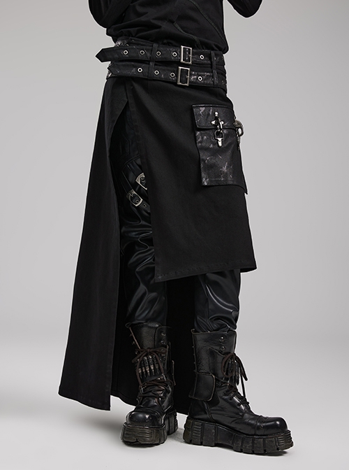Black Simple Non Elastic Woven Printed Asymmetrical Punk Style Long Skirt With Removable Adjustable Tabs