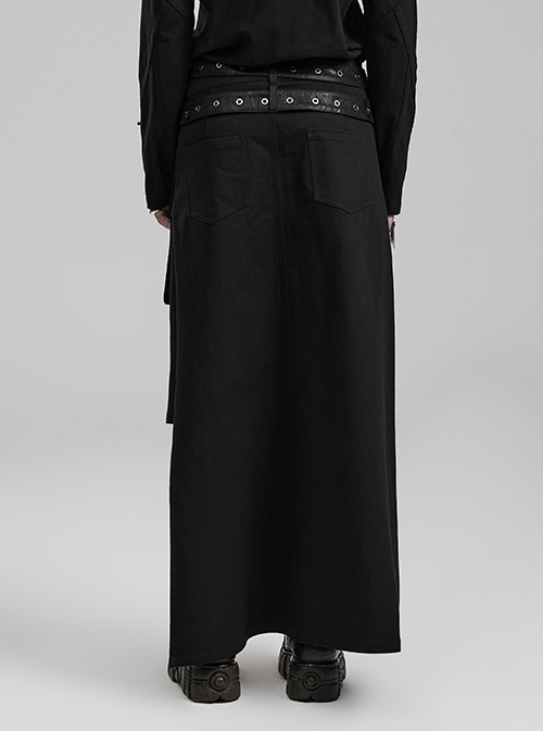 Black Simple Non Elastic Woven Printed Asymmetrical Punk Style Long Skirt With Removable Adjustable Tabs
