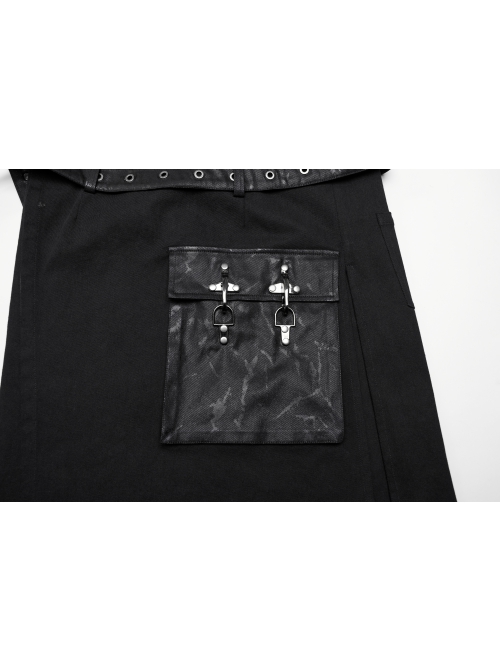 Black Simple Non Elastic Woven Printed Asymmetrical Punk Style Long Skirt With Removable Adjustable Tabs