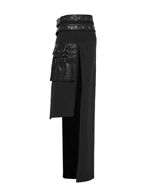 Black Simple Non Elastic Woven Printed Asymmetrical Punk Style Long Skirt With Removable Adjustable Tabs