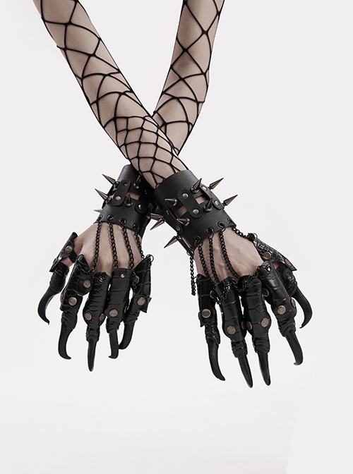 Halloween Personalized Black Faux Leather Spliced Dragon Claw Finger Punk Style Cone Gloves