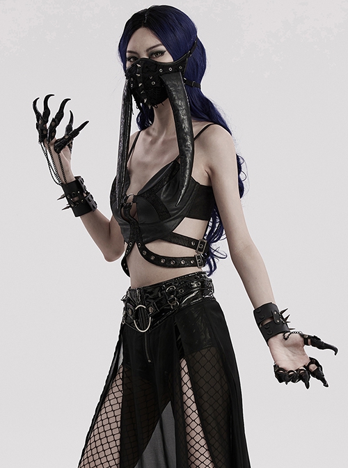 Halloween Personalized Black Faux Leather Spliced Dragon Claw Finger Punk Style Cone Gloves