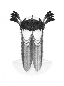Handsome Black Artificial Leather Spliced Bat Shaped Lace Detachable Tassel Mask Punk Style Halloween Chain Mask