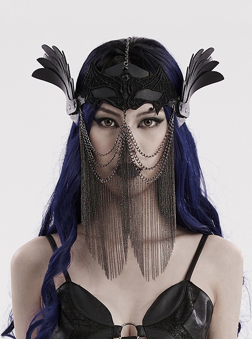 Handsome Black Artificial Leather Spliced Bat Shaped Lace Detachable Tassel Mask Punk Style Halloween Chain Mask